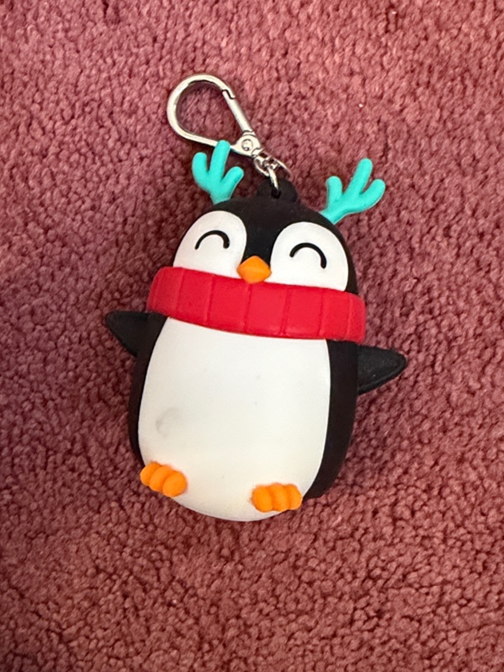 Bath & Body Works Penguin Keychain with Red Scarf and Teal Antlers